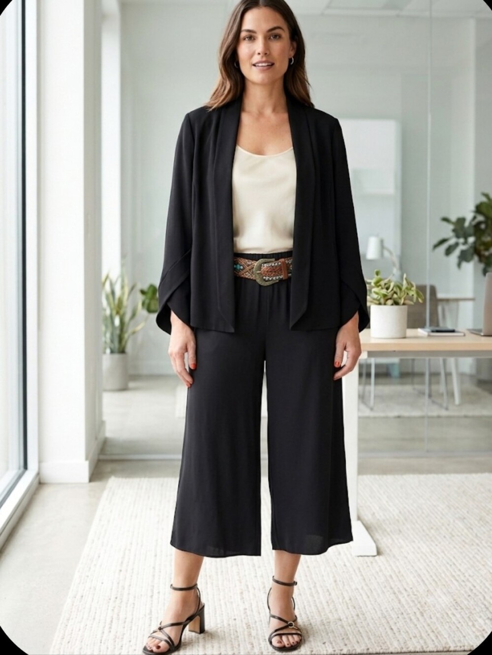 EILEEN FISHER 100% Silk Black Open Front Jacket Blazer Medium Lined Petal Sleeve